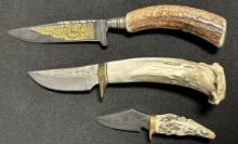 Lot 3 Stag Handle Hand Made Knives: Linder-Messer Solingen w/ Carved Deer Handle