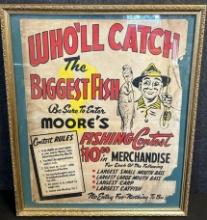 Vintage Who'll Catch The Biggest Fish Moore's Fishing Contest Advertising 1940s Sign