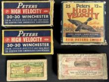 Lot 5 Vintage Early Peters Ammo Boxes: 44-40 C.F. Shot 2 Piece Box, .38 S&W 2 Piece Box, 12 GA, 2 30
