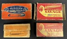 Lot of 4 Vintage Ammo Boxes: 2 Savage .250-3000, 30-30, US Russian 7.62, Winchester .250-3000 2 Piec