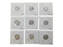 Lot of 9 Roosevelt Dimes - 90% Silver - Uncirculated
