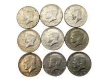 Lot of 9 Kennedy Half Dollars - 1966-1969 - 40% Silver