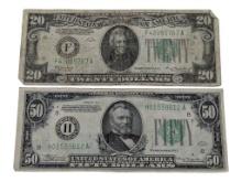 Lot of 2 US Banknotes - 1934 $20 & $50