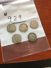 5 V Nickels/Liberty Head Nickels-1901, 1910, 1899, 1908, 1906