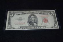 1953b $5 Red Seal Note, Au, Crisp And Clean