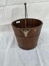 Vintage Wooden Bucket With Steerhead Accents
