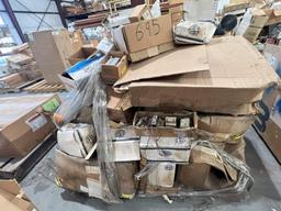 PALLET OF ASSORTED ELECTRICAL PARTS AND HARDWARE; ELECTRICAL BOXES; BOX COVERS; FUSES; METER