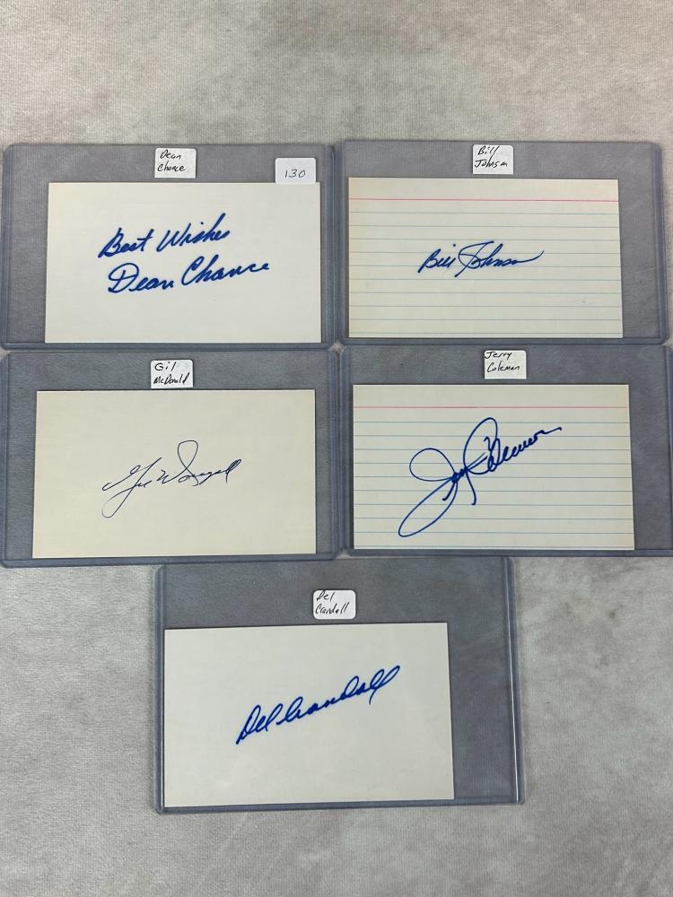 (5) Signed 3 x 5 Index Cards - Chance, McDonald, Johnson, Coleman, and Crandall
