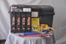 DeWalt toolbox, ratchet straps, hammer, 25ft tape, and utility knife
