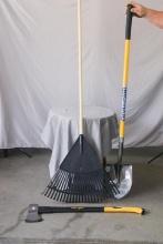Vulcan shovel and axe, with UnionTools yard rake