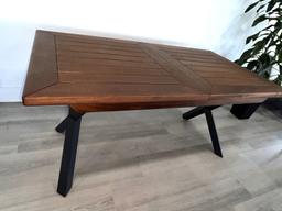 Dining Room Table with Built In Leaf, Powder Coated Frame Finished in  Black with a Teak Table  Top.