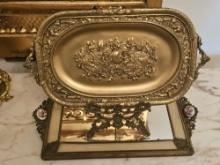 Gold Plated Serving Dish with Stand and Mirror