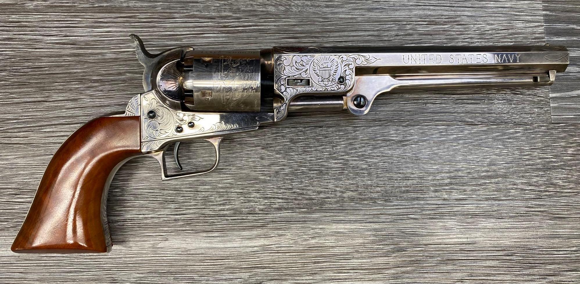 1 OF 100 CASED, ENGAVED, SILVER-PLATED U.S. NAVY COMMEMORATIVE COLT M-1851 .36 CAL. REVOLVER