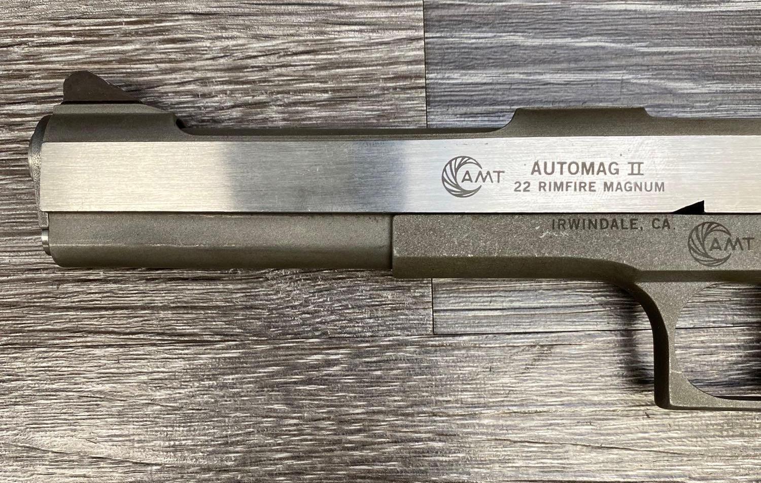 AMT AUTOMAG II STAINLESS STEEL .22 MAGNUM CAL. SEMI-AUTO PISTOL W/ BOX