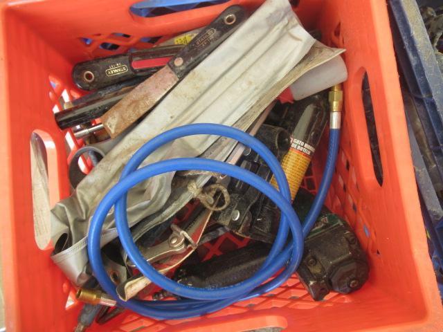 ASSORTED HAND TOOLS, INCLUDING PIPE CUTTERS, CAULKING GUNS, DESTACO CLAMPS, PNEUMATIC GRINDERS &