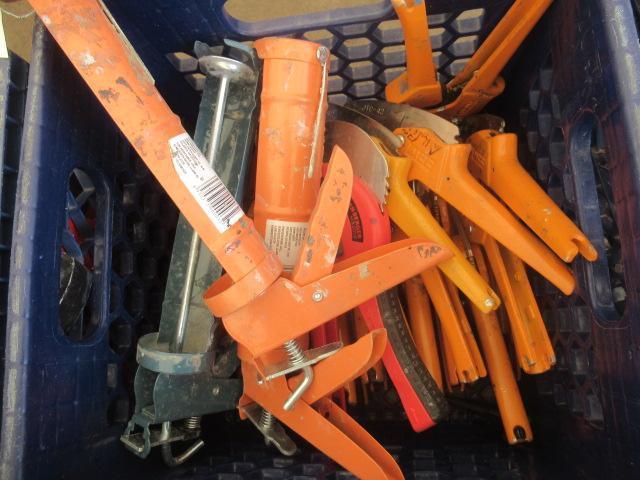 ASSORTED HAND TOOLS, INCLUDING PIPE CUTTERS, CAULKING GUNS, DESTACO CLAMPS, PNEUMATIC GRINDERS &