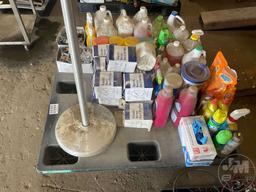 PALLET OF, CLEANING SUPPLIES, DUST MASKS, SAFETY GLASSES, COAT RACK