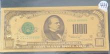 1928- One Thousand Dollar Bill, 24 K Gold Plated