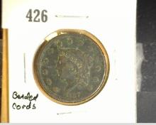1837 U.S. Large Cent, VF+. Beaded cords.