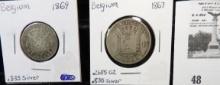 1869 One Franc & 1867 2 Francs Belgium Silver Coins.