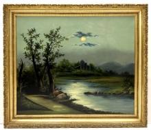 Antique Moon Reflection Landscape Oil on Canvas