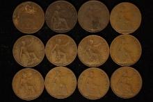 12 GREAT BRITAIN LARGE PENNIES: 1885-1945