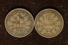 1905-A & 1911-D GERMAN SILVER 1/2 MARKS .1604