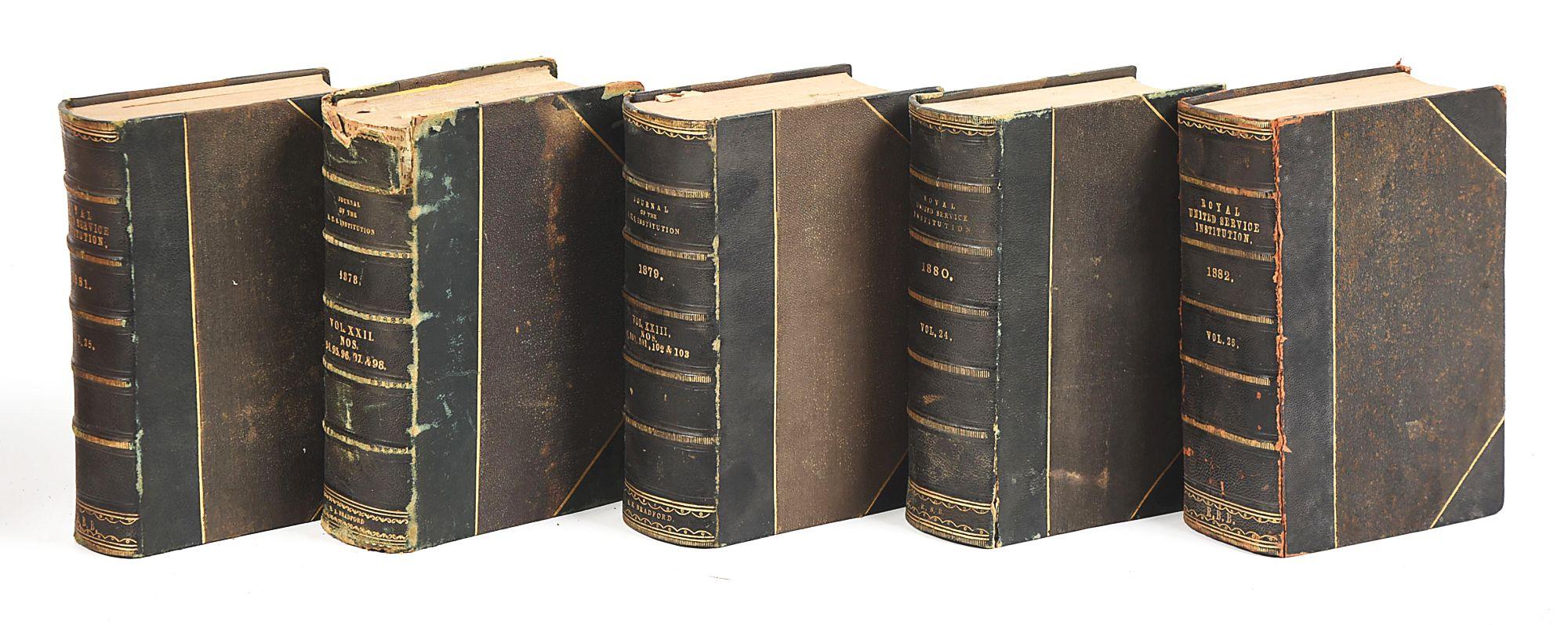 LOT OF 11: 19TH CENTURY VOLUMES OF THE JOURNAL OF THE ROYAL UNITED SERVICE INSTITUTE.