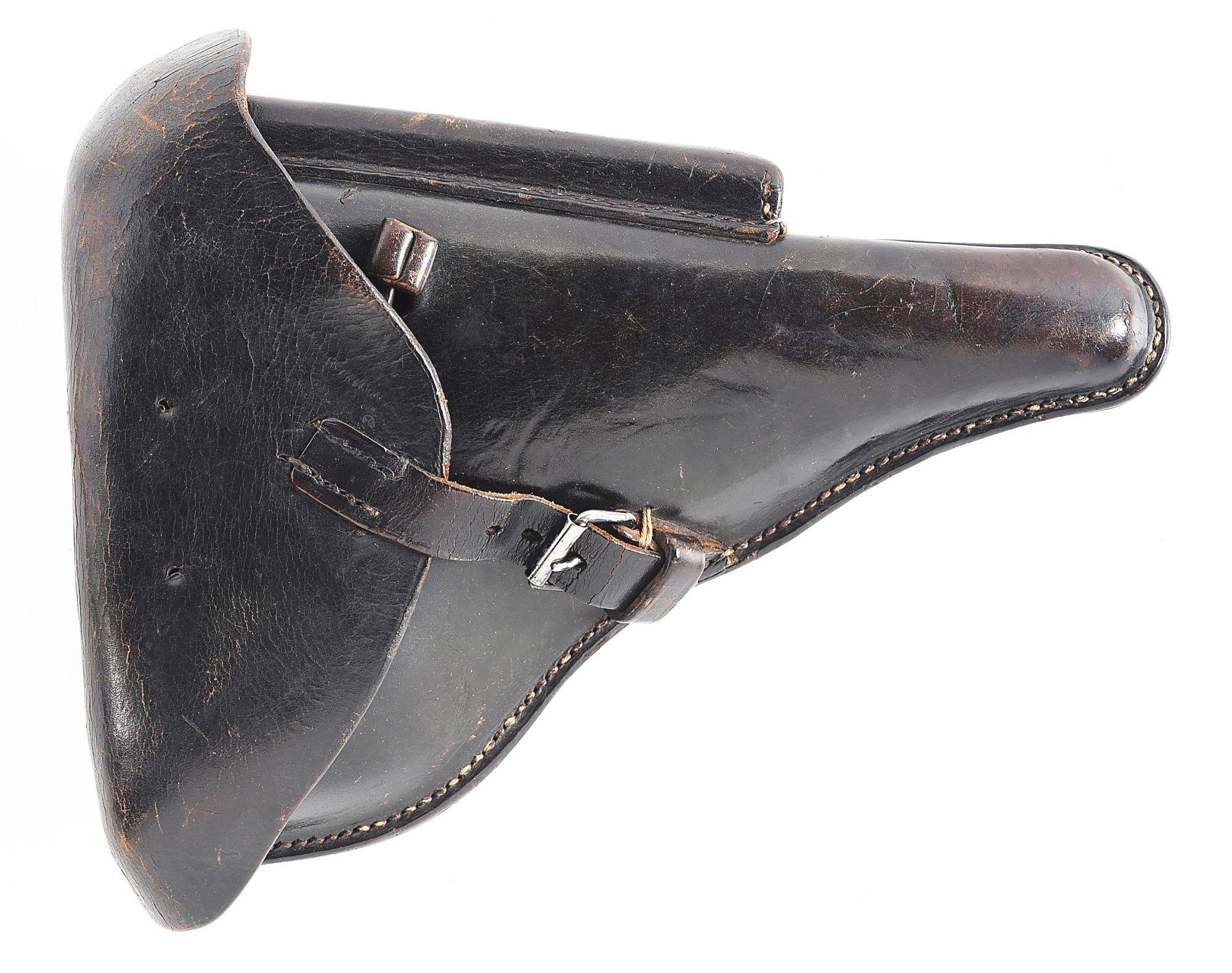 (C) 1938 MAUSER PO8 LUGER SEMI-AUTOMATIC PISTOL, WITH MATCHING LEATHER HOLSTER.