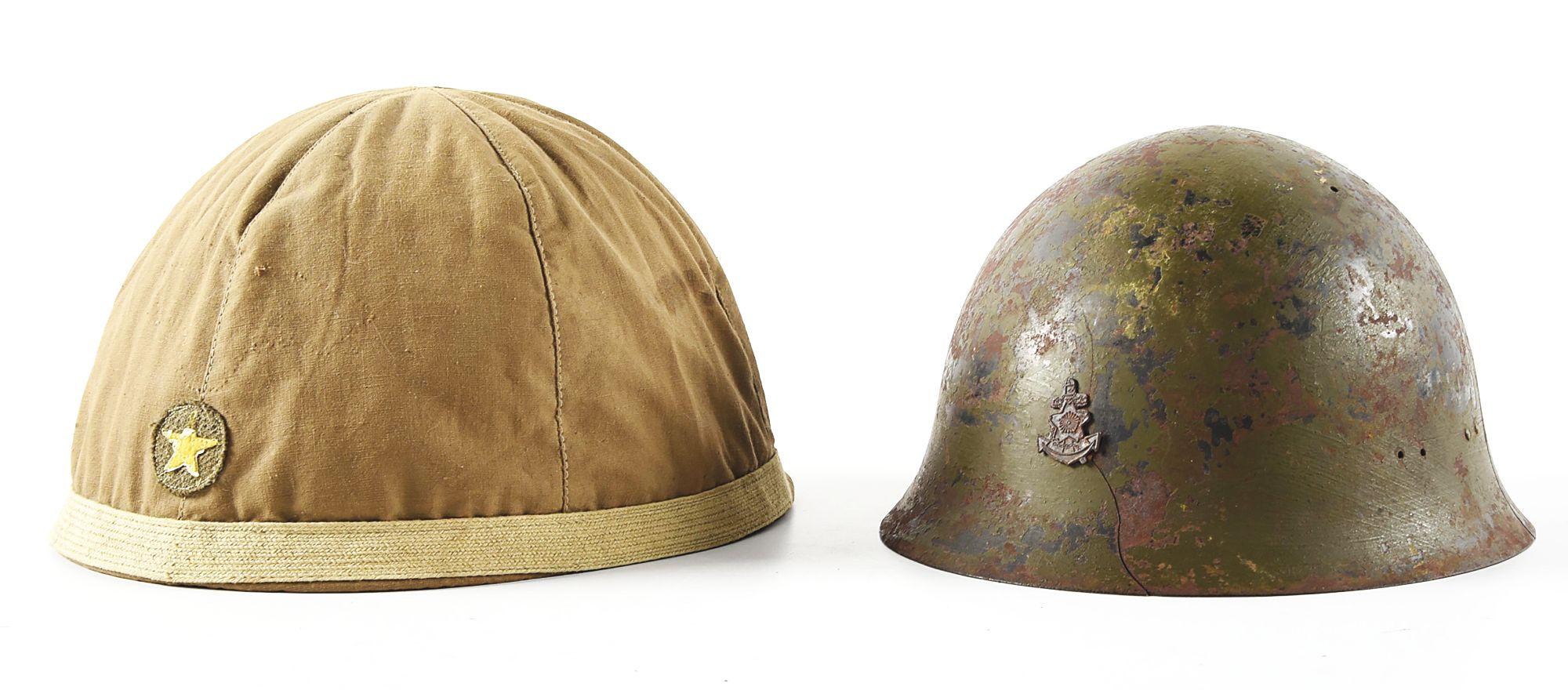 LOT OF 2: JAPANESE WWII ARMY HELMET WITH COVER AND JAPANESE NAVY HELMET.