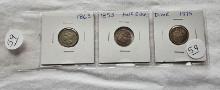 3 - Coins - 1853 Half Dime & 1865 3 Cent Nickel & 1875 Seated Dime Holed