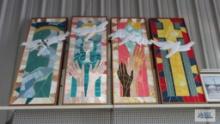 Four cloth and wood religious wall hangings