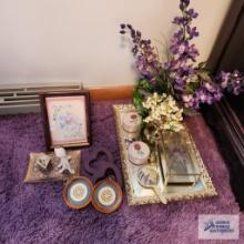 Glass jewelry box, jewelry mirror, trinket boxes, wall hangings, brass planter with florals and etc