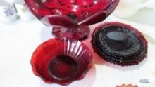 Cranberry glass centerpiece dish, plates and bowl