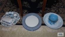Assorted dishware including Andrea by Sadek cake plate and server