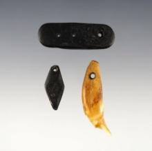 Set of 3 Ft. Ancient artifacts including a perforated Tooth, and a Pendant and Gorget -Ohio.