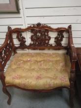 Carved Victorian Bench with Tufted Seat
