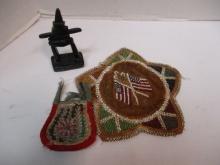 Old Hand Beaded Pouch, Doily and Stacked Stone Figure