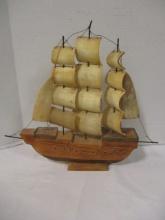 Vintage Carved Wood Ship with Antler Horn Sails