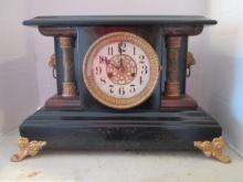 Vintage Waterbury Clock Co. Black Painted Mantle Clock with Faux Pillars and Lion Head Rings