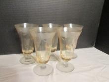 Five Fostoria Topaz Etched Footed Goblets