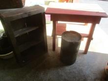 Wooden Table/Shelf and Small Barrel
