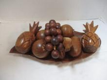 Midcentury Carved Wood Fruit in Wood Bowl