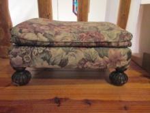 Floral Upholstered Foot Stool with Carved Wood Feet