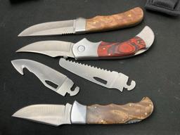 Trio of Elk Ridge Knives, Fixed Blade, Folder w/ Burled Handle, & Folder w/ 3 switchable blades