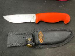 3 Rite Edge Modern Knives, 2x Folding Pocket Knives & Fixed Blade w/ Orange Rubber Handle & Sheath
