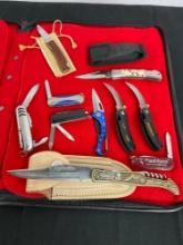 Collection of 10 Stainless Steel Folding Pocket Knives incl. Buck 527, & FighterPlus Engraved Knife