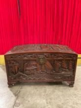 Antique Asian Camphor Trunk Chest w/ Ornately Carved Harbor Scene, Inner Tray & Brass Lock. See