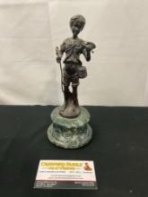 Small Antique Bronze Statue w/ Green Marble Base, Boy fishing