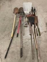 Assorted Collection of Yard Tools incl, Post Digger, Several Shovels, Axe, Rakes, Scythe .. etc.